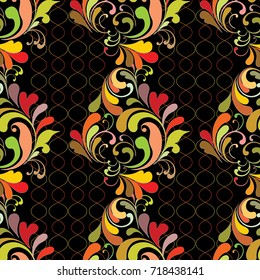 Paisley colorful seamless pattern. Vector bright floral background. Vintage wallpaper with hand drawn beautiful paisley flowers, swirl leaves and modern line art tracery ornaments in autumn colors.