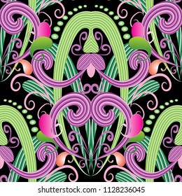 Paisley colorful vector seamless pattern. Beautiful bright ornate floral background. Hand drawn decorative ethnic style elegance ornament. Colored paisley flowers, swirl lines, stripes, leaves.
