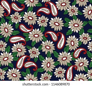 paisley with cute flowers pattern on navy background