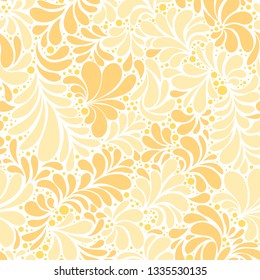 Paisley or Damask Golden Floral Seamless Pattern, Vector Ornament. hand drawn seamless pattern. Damask silhouette texture. Floral teardrop motif.  
