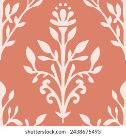 Paisley decoration, blooming flowers on twig or branch with foliage. Design of spring blooming, flourishing design and buds. Seamless pattern, wallpaper print or background. Vector in flat style