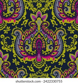 Paisley decoration, flower elements with branches and stems. Blossom and flourishing natural ornament for textile and fabric. Seamless pattern print, background wallpaper. Vector in flat style