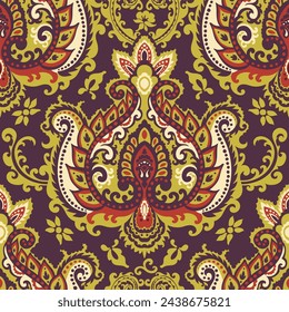 Paisley decoration, flower elements with branches and stems. Blossom and flourishing natural design for textile, rugs and fabric. Seamless pattern, wallpaper print or background. Vector in flat style