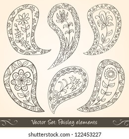 Paisley design floral elements. Elements can be used for wallpaper, fabrics, paper craft projects, web page background,surface textures. Abstract floral elements