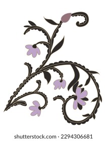 Paisley design, isolated flower branch with buds and flora in blossom. Blooming petals and leaves, vegetation and decor. Spring or summer botany in flourishing. Vector in flat style illustration