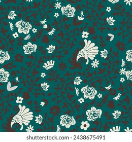 Paisley design, meadow flower branches with buds and flora in blossom. Blooming petals and leaves, vegetation and decor. Seamless pattern, wallpaper print or background. Vector in flat style