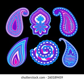 Paisley elements in color, contours with fill