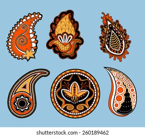 Paisley elements in color, contours with fill