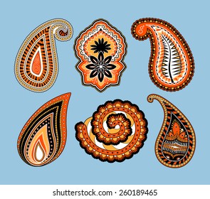 Paisley elements in color, contours with fill