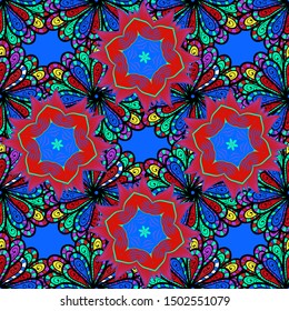 Paisley elements. Traditional, Arabic, Turkish, Indian motifs. Blue, black, red leaf seamless pattern. Great for fabric and textile, wallpaper, packaging or any desired idea. Ornament. Floral pattern.