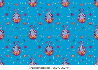 Paisley embroidery pattern ikat seamless geometric shapes. Illustration of blue background, vector, wallpaper border.