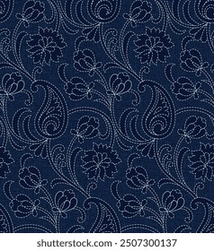 Paisley Embroidery stich seamless pattern on navy background