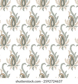 paisley ethnic brown with green floral pattern featuring hand-drawn details in a seamless design on white background. This pattern showcases traditional motifs