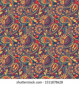 Paisley and ethnic flowers seamless vector pattern. floral vintage background