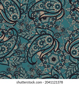 Paisley and ethnic flowers seamless vector pattern. floral vintage background