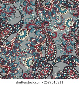 Paisley and ethnic flowers seamless vector pattern. floral vintage background