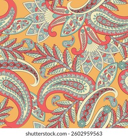 Paisley and ethnic flowers seamless vector pattern. floral vintage background