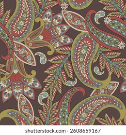 Paisley and ethnic flowers seamless vector pattern. floral vintage background