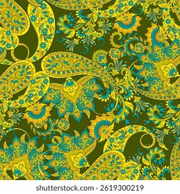 Paisley and ethnic flowers seamless vector pattern. floral vintage background