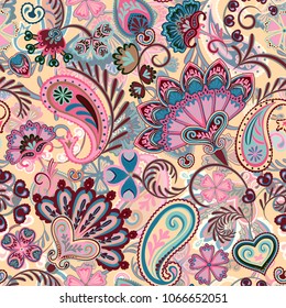 Paisley ethnic seamless pattern with floral elements. Vector eps8. Pastel pink blue beige