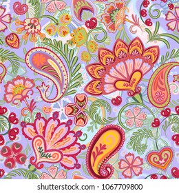 Paisley ethnic seamless pattern with floral elements. Vector eps8. Red orange green