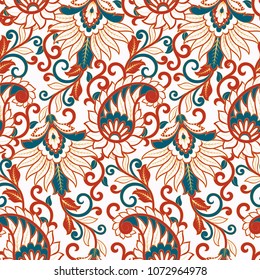Paisley ethnic seamless pattern with floral elements.