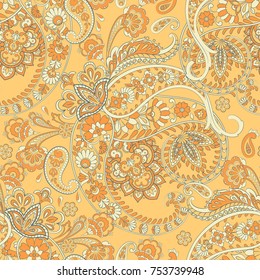 Paisley ethnic seamless pattern with floral elements.