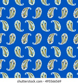 Paisley ethnic seamless pattern on blue background. Indian cucumber. Vector 