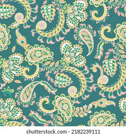 Paisley ethnic seamless vector pattern with floral elements.