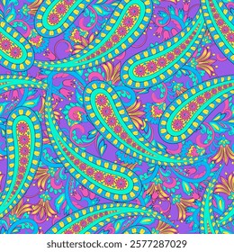 Paisley ethnic seamless vector pattern with floral elements.