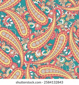 Paisley ethnic seamless vector pattern with floral elements.