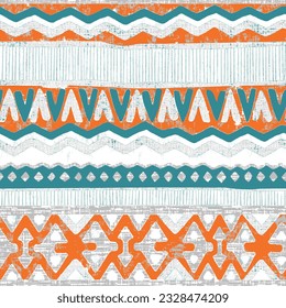 Paisley Ethnic stripe seamless pattern. Tribal rhombus triangle geometric vector background, boho motif, textured ornament illustration. Textile print cyan orange white
