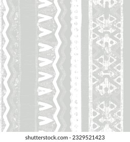 Paisley Ethnic stripe seamless pattern. Tribal rhombus triangle geometric vector background, boho motif, textured ornament illustration. Textile print gray white