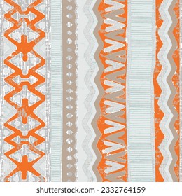 Paisley Ethnic stripe seamless pattern. Tribal rhombus triangle geometric vector background, boho motif, textured ornament illustration. Textile print orange cream white