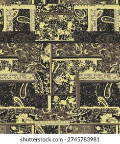 paisley fabric patchwork wallpaper abstract vector seamless pattern for scarf kerchief shirt fabric carpet rug tablecloth pillow grunge effect in separate layer. Seamless background. Geometric abstract pattern of rectangles in scrapbook style.
