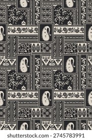 paisley fabric patchwork wallpaper abstract vector seamless pattern for scarf kerchief shirt fabric carpet rug tablecloth pillow grunge effect in separate layer. Seamless background. Geometric abstract pattern of rectangles in scrapbook style.
