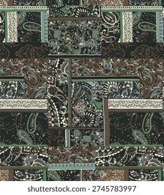 paisley fabric patchwork wallpaper abstract vector seamless pattern for scarf kerchief shirt fabric carpet rug tablecloth pillow grunge effect in separate layer. Seamless background. Geometric abstract pattern of rectangles in scrapbook style.