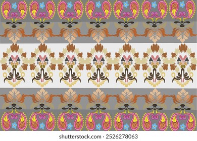 Paisley fabric pattern with dark red, brown, black damask flowers seamless geometric pattern. Background is white. Illustration, vector, wallpaper border.