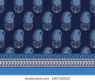 PAISLEY FLORAL AJRAKH PATTERN WITH SEAMLESS BORDER AND BLOCK PRINT PATTERN BATIK PRINT BACKGROUND DIGITAL PRINTING TEXTILE PATTERN