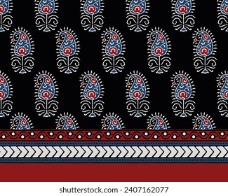 PAISLEY FLORAL AJRAKH PATTERN WITH SEAMLESS BORDER AND BLOCK PRINT PATTERN BATIK PRINT BACKGROUND DIGITAL PRINTING TEXTILE PATTERN