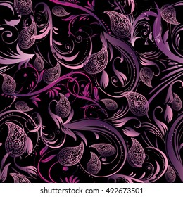 Paisley floral black vector seamless pattern background wallpaper illustration with vintage violet 3d  flowers and ornaments.Paisley seamless pattern.Paisley floral wallpaper.Paisley flowers.Paisley