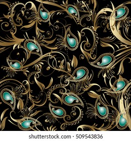 Paisley floral black vector seamless pattern background wallpaper illustration with vintage gold and green 3d paisley flowers leaves and ornaments.3d paisley flowers.Flowers pattern.