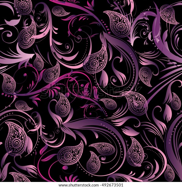 ペイズリー花柄の黒いベクター画像のシームレスなパターン背景にビンテージ紫色の3d花と装飾を使用した壁紙イラスト ペイズリーシームレスなパターン ペイズリー花柄の壁紙 ペイズリー花柄 ペイズリー のベクター画像素材 ロイヤリティフリー