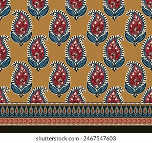 PAISLEY FLORAL WITH BORDER SEAMLESS PATTERN ALL OVER PRINT VECTOR ILLUSTRATION