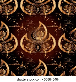Paisley floral dark vector seamless pattern background wallpaper illustration with vintage decorative gold 3d paisley flowers leaves and ornaments.Paisley flowers.Paisley wallpaper.