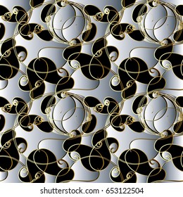 Paisley floral elegance vector seamless pattern. White 3d background wallpaper illustration with vintage stylish beautiful modern black paisley flowers, gold curve swirl leaves and trendy ornaments 