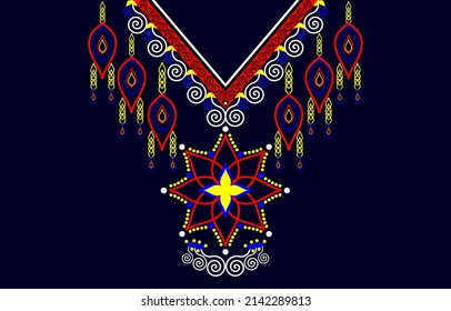 Paisley floral embroidery design for t-shirts, blouses, prints, etc. Abstract paisley ethnic neckline. Flower motif.