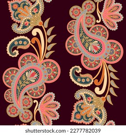 Paisley Floral Hand Drawn Seamless Pattern. Ethnic repeat textile print, wallpaper, background