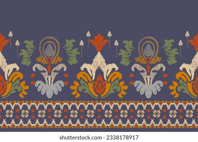 Paisley floral ikat embroidered on purple background. Traditional ethnic ikat, aztec abstract vector pattern, seamless pattern in tribal, folk embroidery and mexican style.