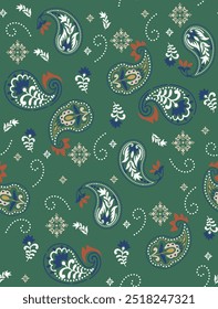 Paisley Floral oriental ethnic Pattern. Seamless Ornament. Damask fabric patterns, vintage floral seamless patten with paisley ornament dark green background.